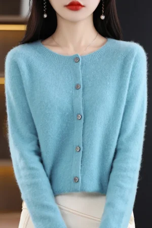 New Fashion Spring 100% Merino Wool Womens O-neck Cardigan Cashmere Sweater 2024 Female Clothing Grace Knitwear Korean Tops
