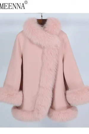 ZMEENNA Luxurious Pink Faux Fur Trimmed Wool Blend Coat For Women Elegant Long Sleeve Winter Jacket Chic Formal ZM3612