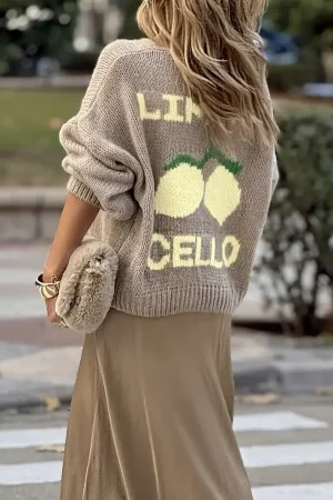 Women's fashionable casual long sleeved button sweater cardigan soft and comfortable loose lantern sleeve lemon knit sweater