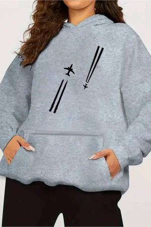 2025 Autumn and Winter Women's Aviation Pattern Hoodie Pullover Sweatshirt Casual Hooded Daily Aircraft Print Comfortable Y2K