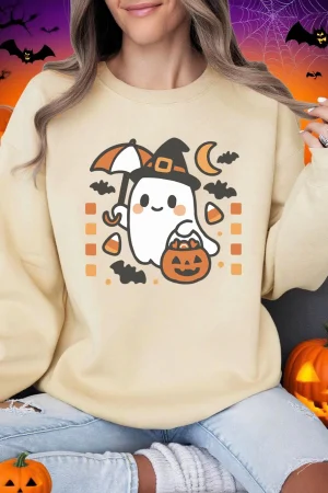 Women's Cotton Crewneck Sweatshirt with Boo Y'all Ghost Cowboy and Pumpkin Print Halloween Casual Pullover Top