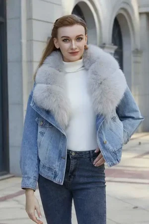 JANEFUR Down Jacket with Real Fox Fur Collar Women Fashion Warm Winter Denim Coat filling with Duck Down